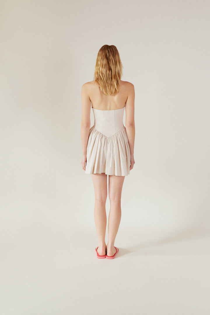 LEYLA - Mini Babydoll Dress - Light Beige with Mustard Detail