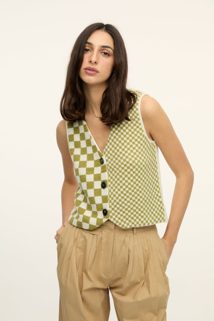 Larry - Checked Wool Blend Vest - Green