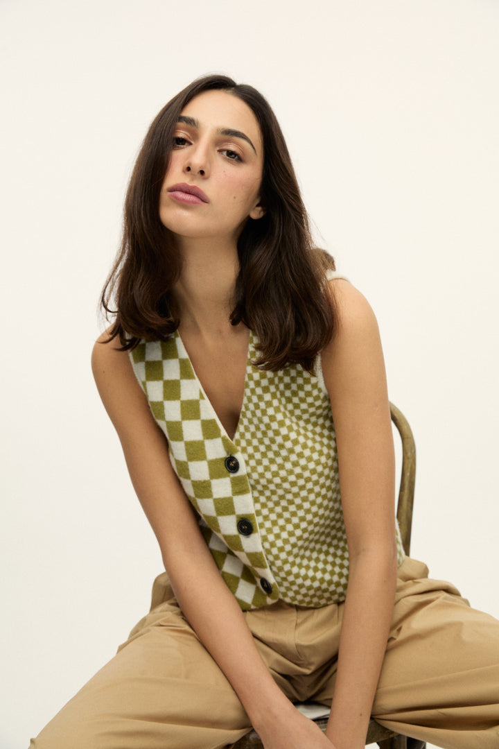 Larry - Checked Wool Blend Vest - Green