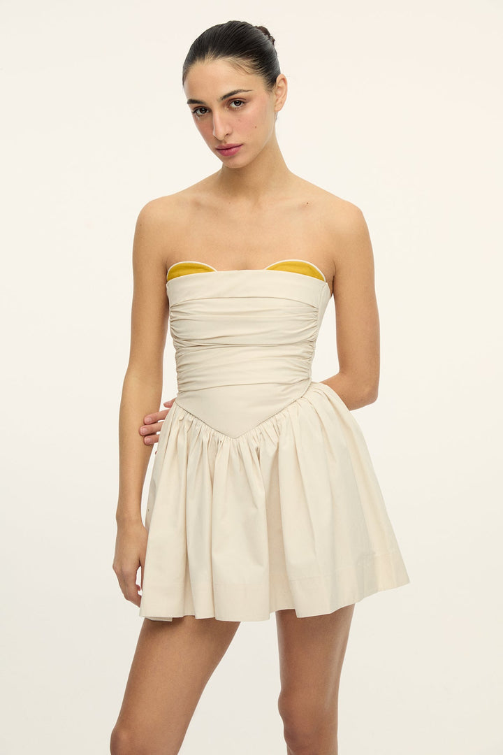 LEYLA - Mini Babydoll Dress - Light Beige with Mustard Detail