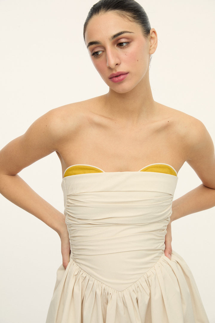 LEYLA - Mini Babydoll Dress - Light Beige with Mustard Detail