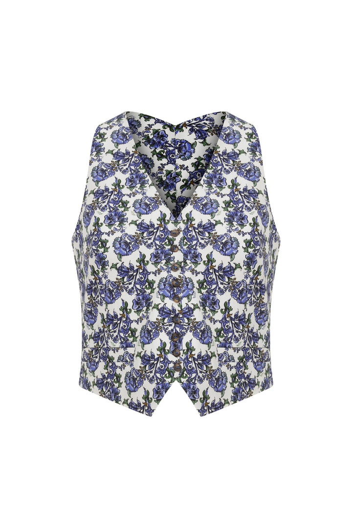 Patty - Cotton Halterneck VEST - Ecru Print