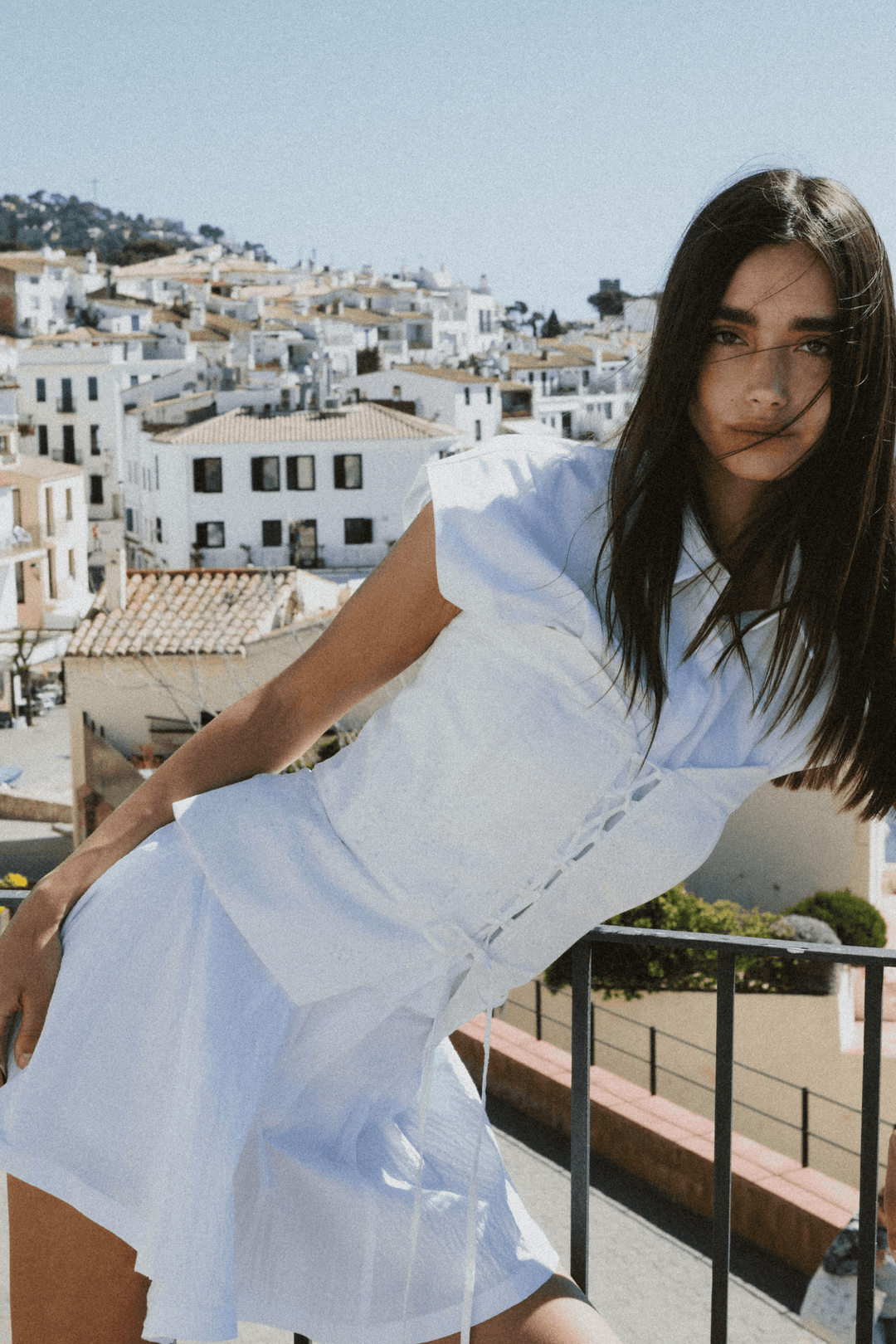 LACY BIANCO - EMBROIDERY PRINT FABRIC STRAPLESS BUSTIER WITH CRISSCROSS FRONT TIE - OFF WHITE