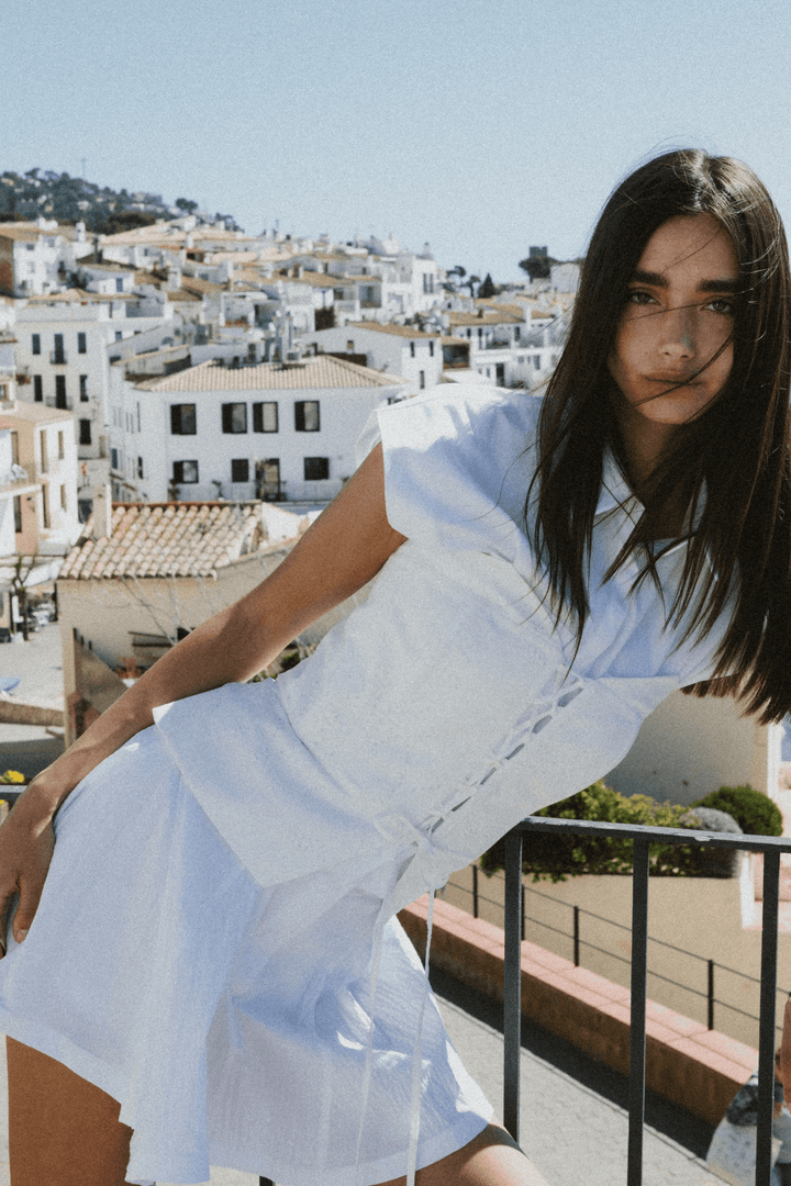 LACY BIANCO - EMBROIDERY PRINT FABRIC STRAPLESS BUSTIER WITH CRISSCROSS FRONT TIE - OFF WHITE