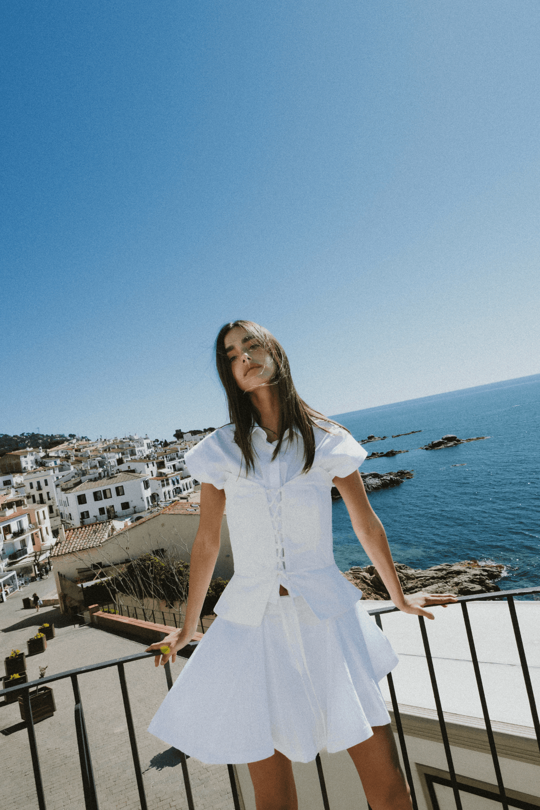 LACY BIANCO - EMBROIDERY PRINT FABRIC STRAPLESS BUSTIER WITH CRISSCROSS FRONT TIE - OFF WHITE