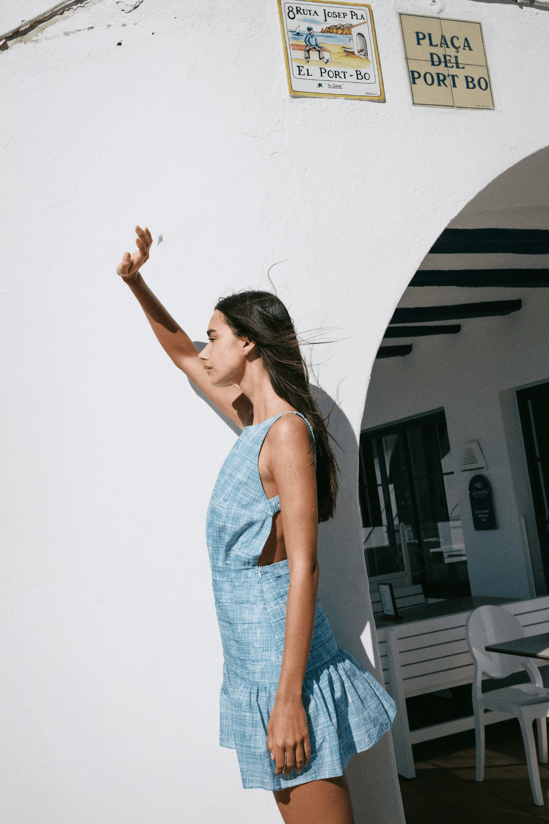 MAYA - OPEN BACK MINI DRESS - CROSSED LINES BLUE