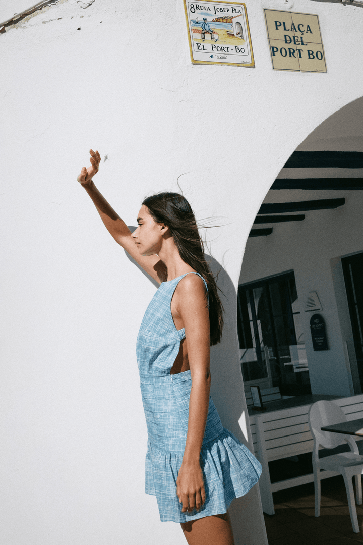 MAYA - OPEN BACK MINI DRESS - CROSSED LINES BLUE