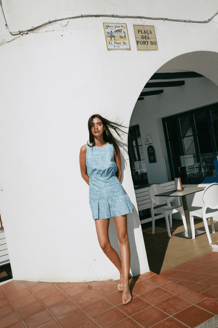 MAYA - OPEN BACK MINI DRESS - CROSSED LINES BLUE