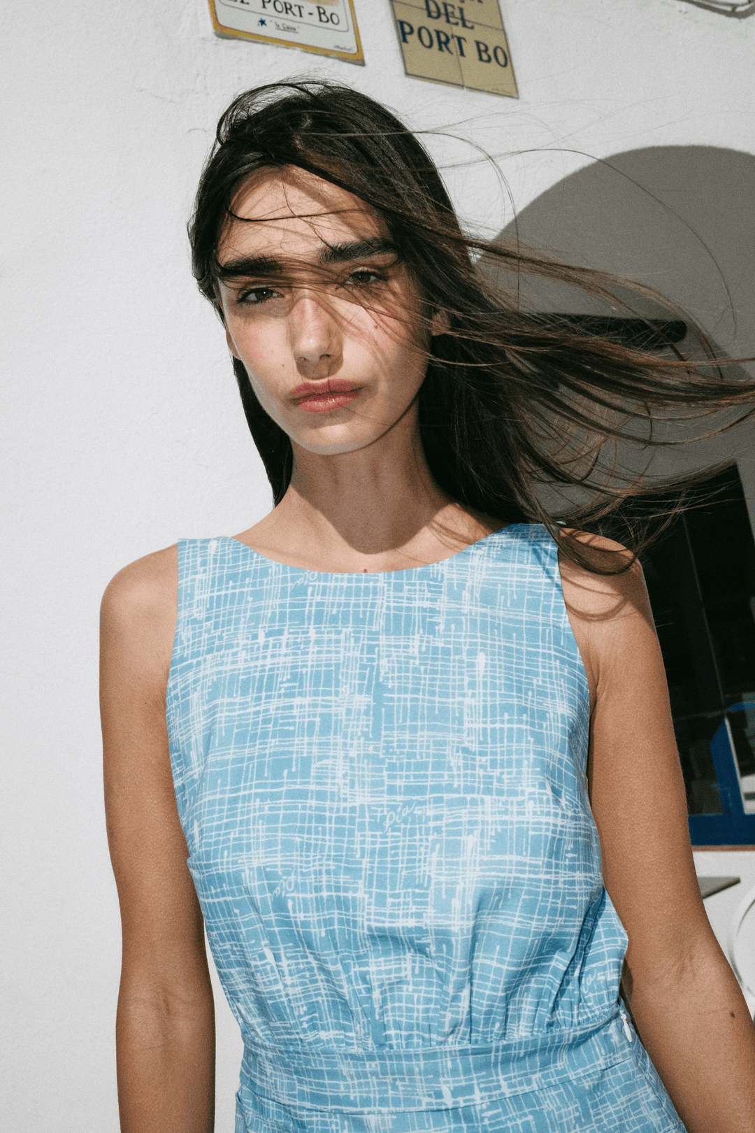 MAYA - OPEN BACK MINI DRESS - CROSSED LINES BLUE