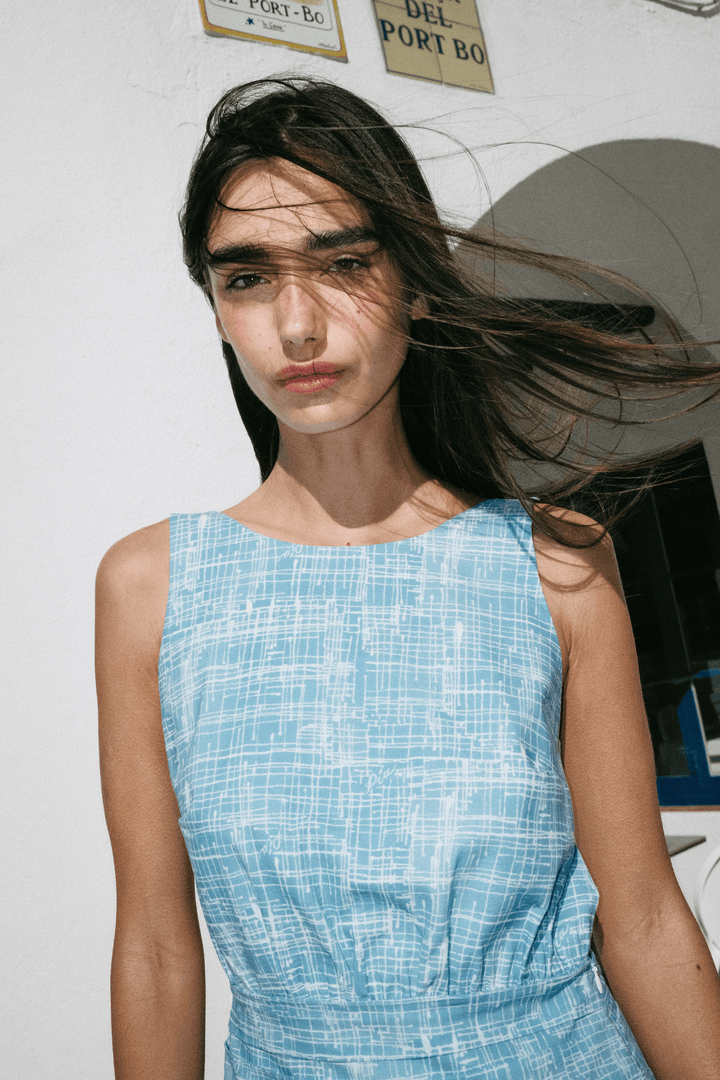 MAYA - OPEN BACK MINI DRESS - CROSSED LINES BLUE