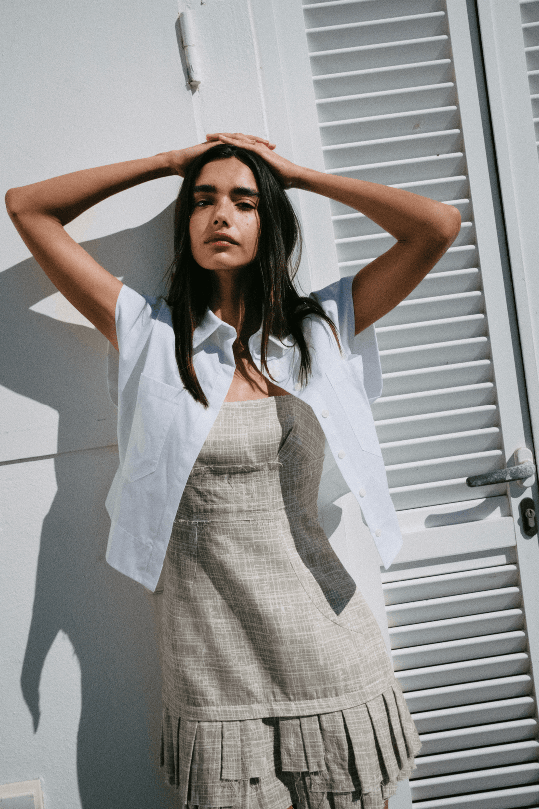 DEMI - SELF-TIE MINI DRESS WITH DRAPED WAIST & RUFFLED HEM - CROSSED LINES KHAKI