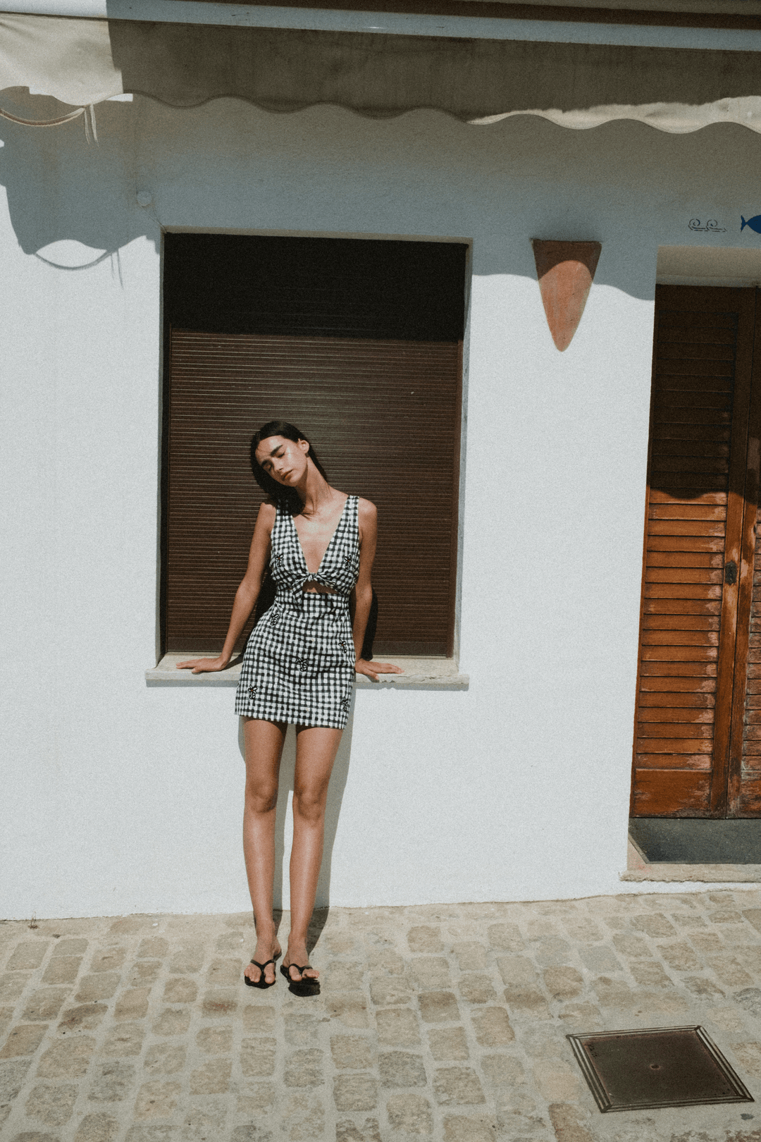 VALENCIA - THICK STRAP MINI DRESS WITH EMBROIDERY - BLACK PLAID
