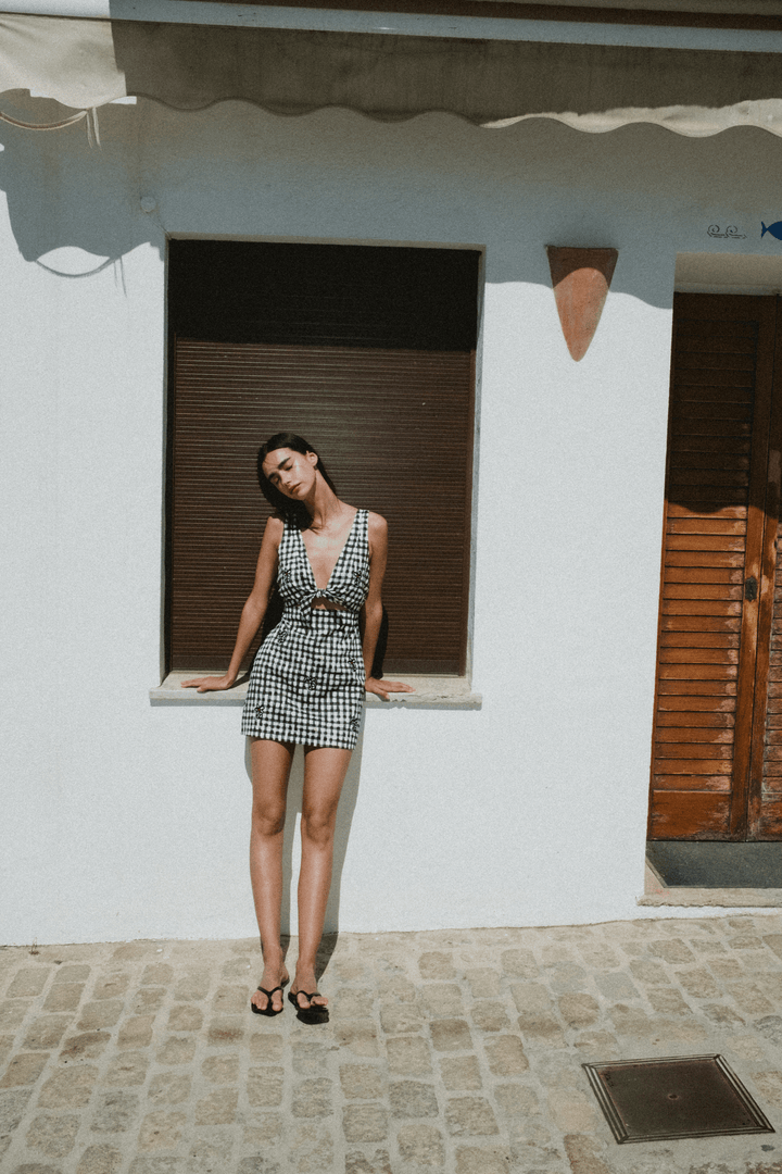 VALENCIA - THICK STRAP MINI DRESS WITH EMBROIDERY - BLACK PLAID