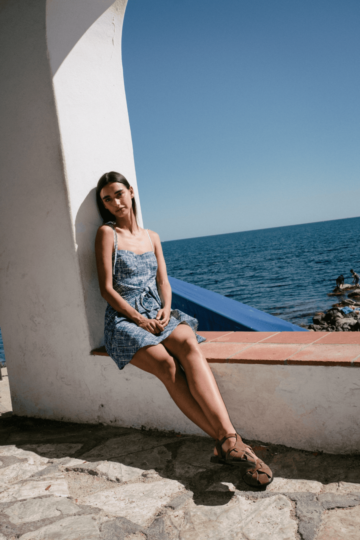 COAST - FRONT-TIE ASYMMETRIC SHORT DRESS - CROSSED LINES NAVY