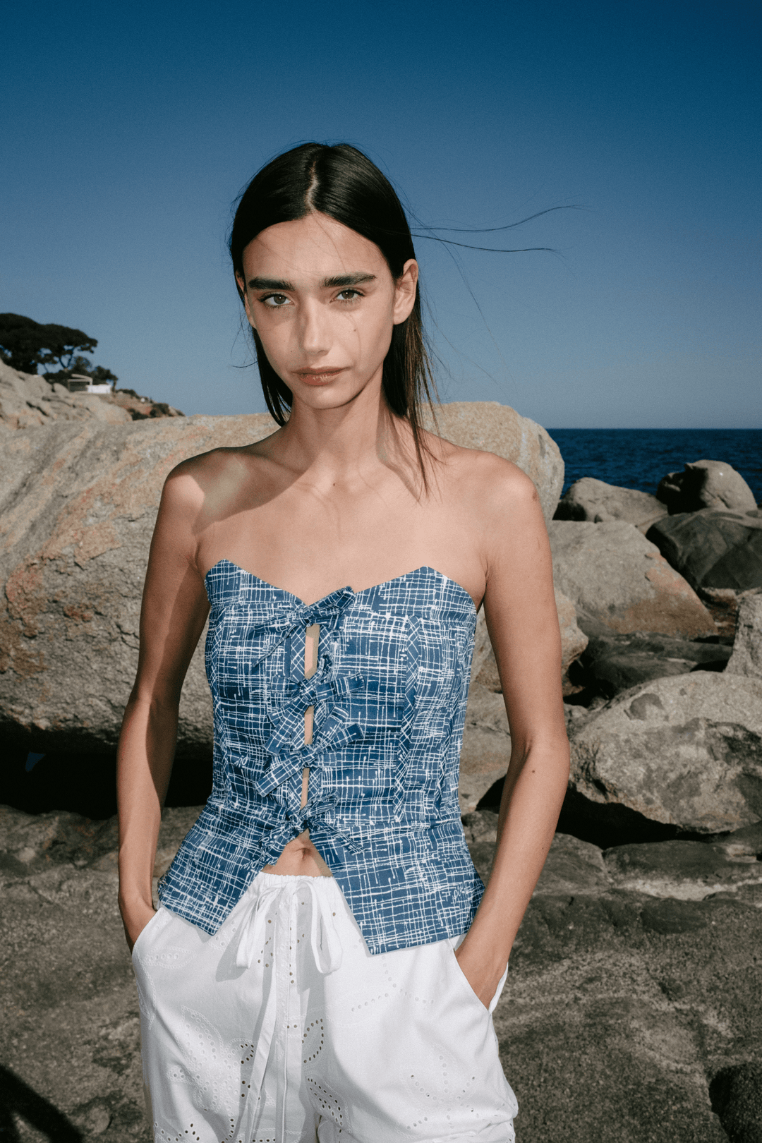 NARA - FRONT LACE-UP STRAPLESS BUSTIER - CROSSED LINES NAVY