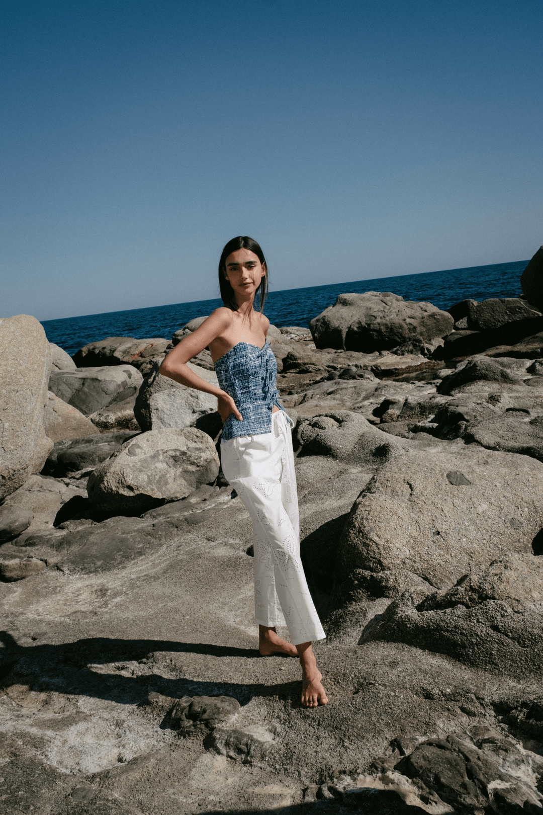 CORFU - EMBROIDERY PRINT FABRIC DRAWSTRING WAIST ANKLE PANTS WIYH POCKETS - OFF WHITE