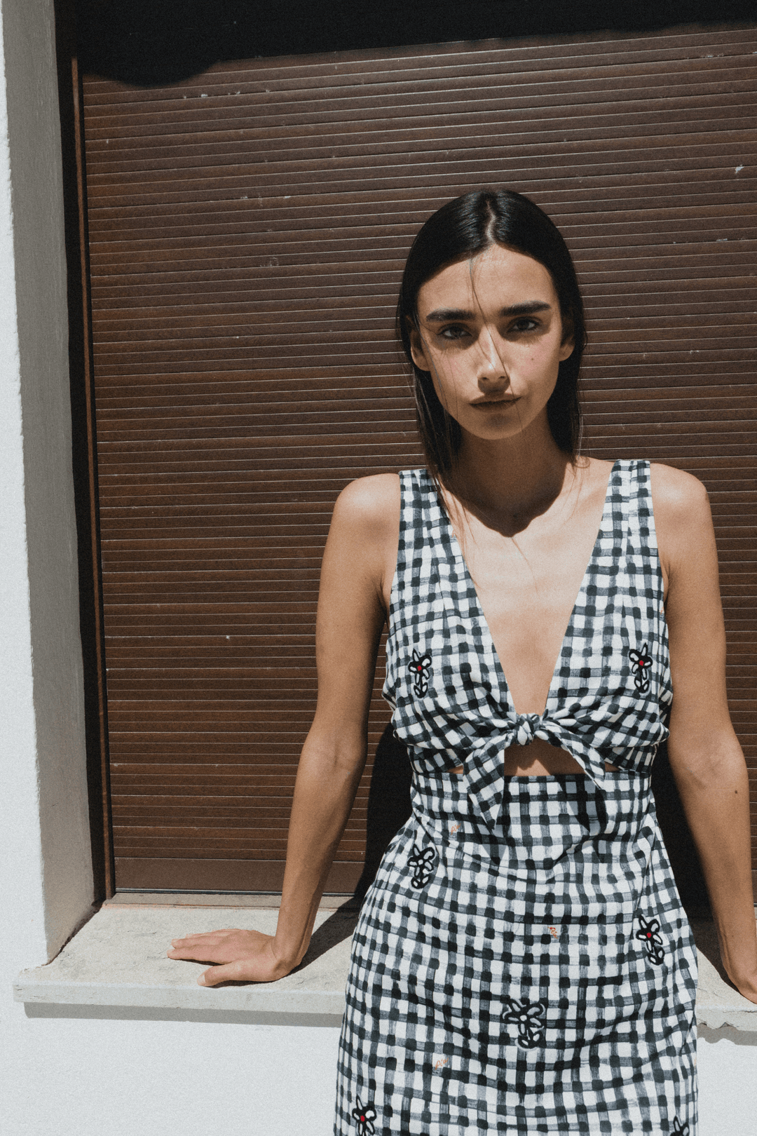 VALENCIA - THICK STRAP MINI DRESS WITH EMBROIDERY - BLACK PLAID