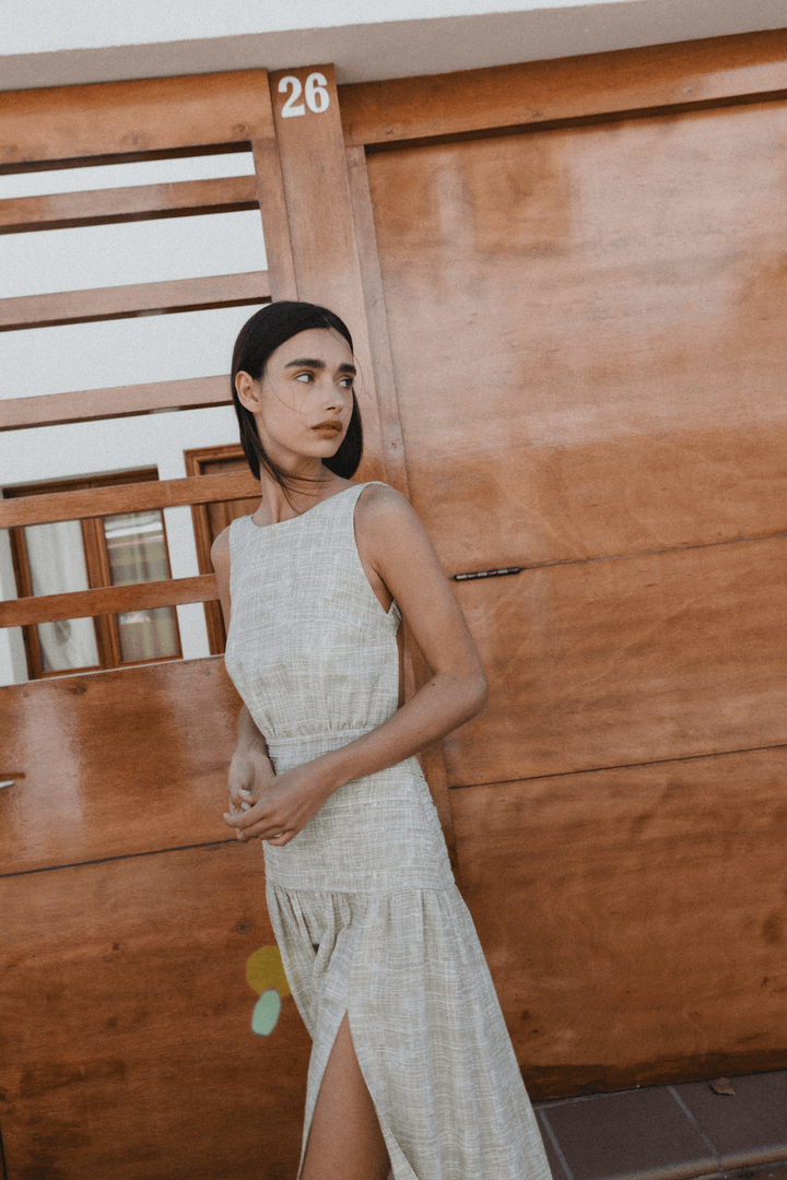 BRUNA - OPEN BACK MIDI DRESS - CROSSED LINES KHAKI