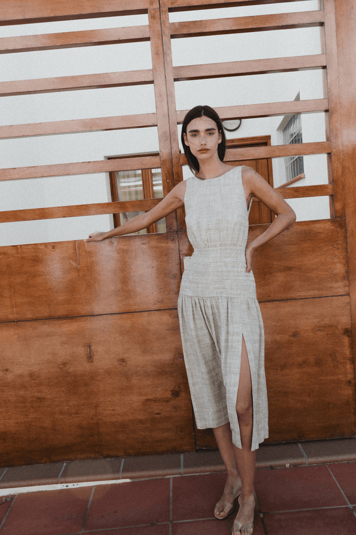 BRUNA - OPEN BACK MIDI DRESS - CROSSED LINES KHAKI