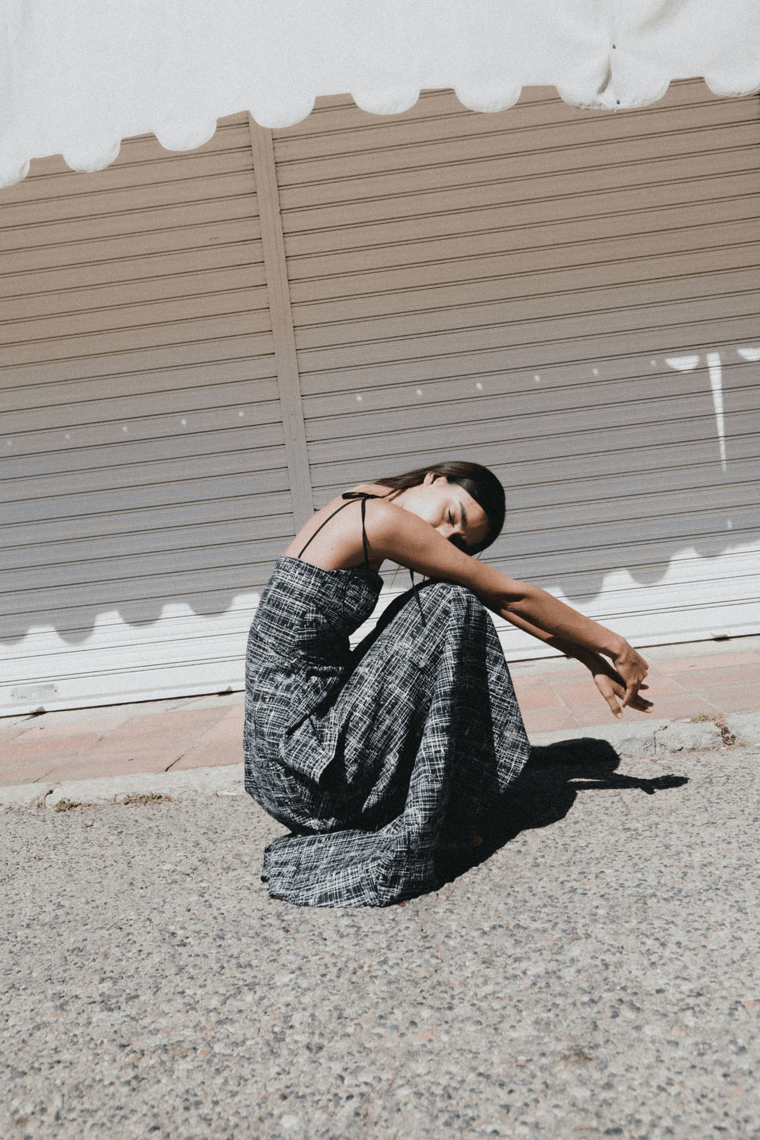 LEYA - ASYMMETRIC CUT FRONT TIED LONG DRESS - CROSSED LINES BLACK