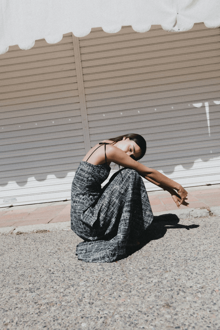 LEYA - ASYMMETRIC CUT FRONT TIED LONG DRESS - CROSSED LINES BLACK