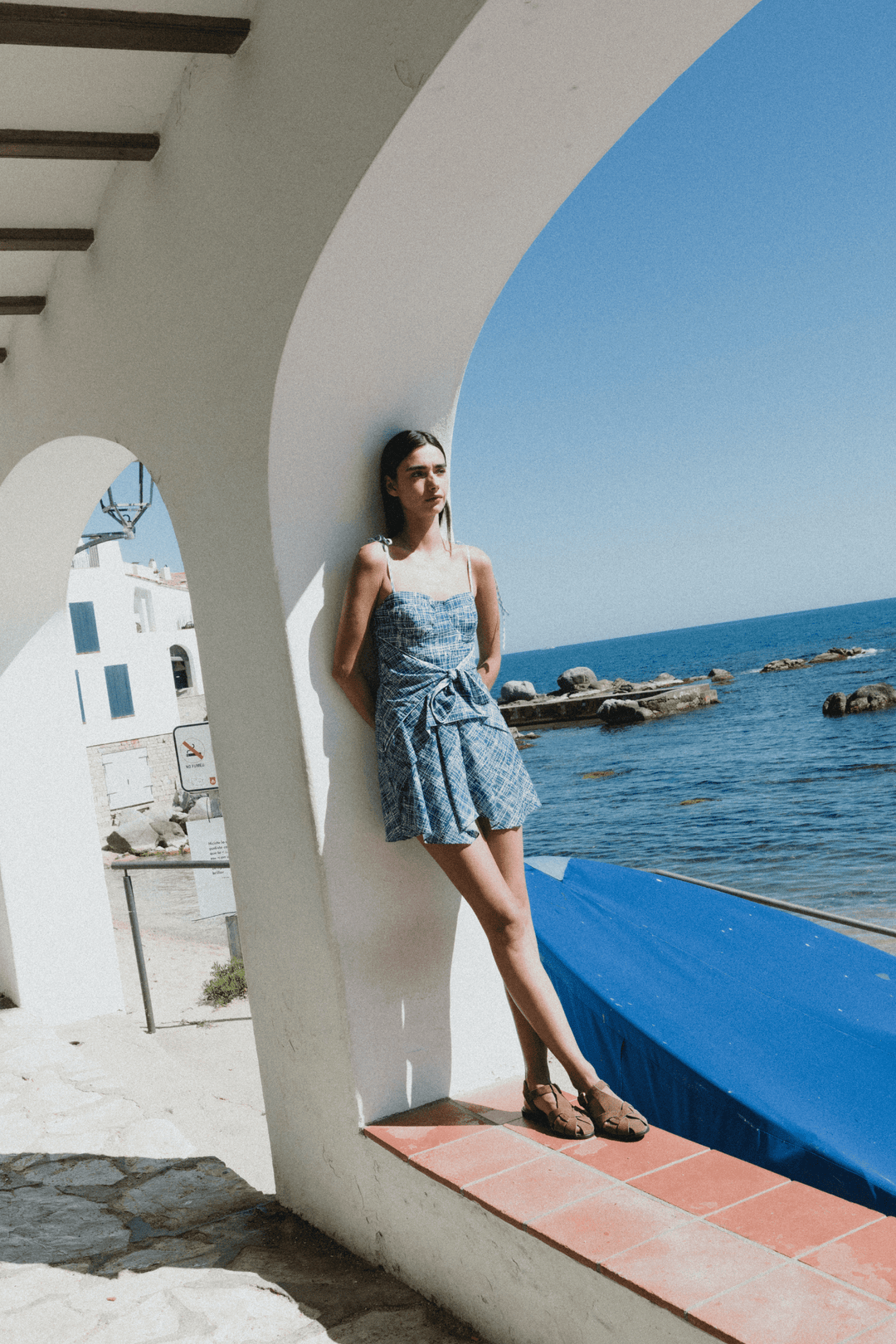 COAST - FRONT-TIE ASYMMETRIC SHORT DRESS - CROSSED LINES NAVY