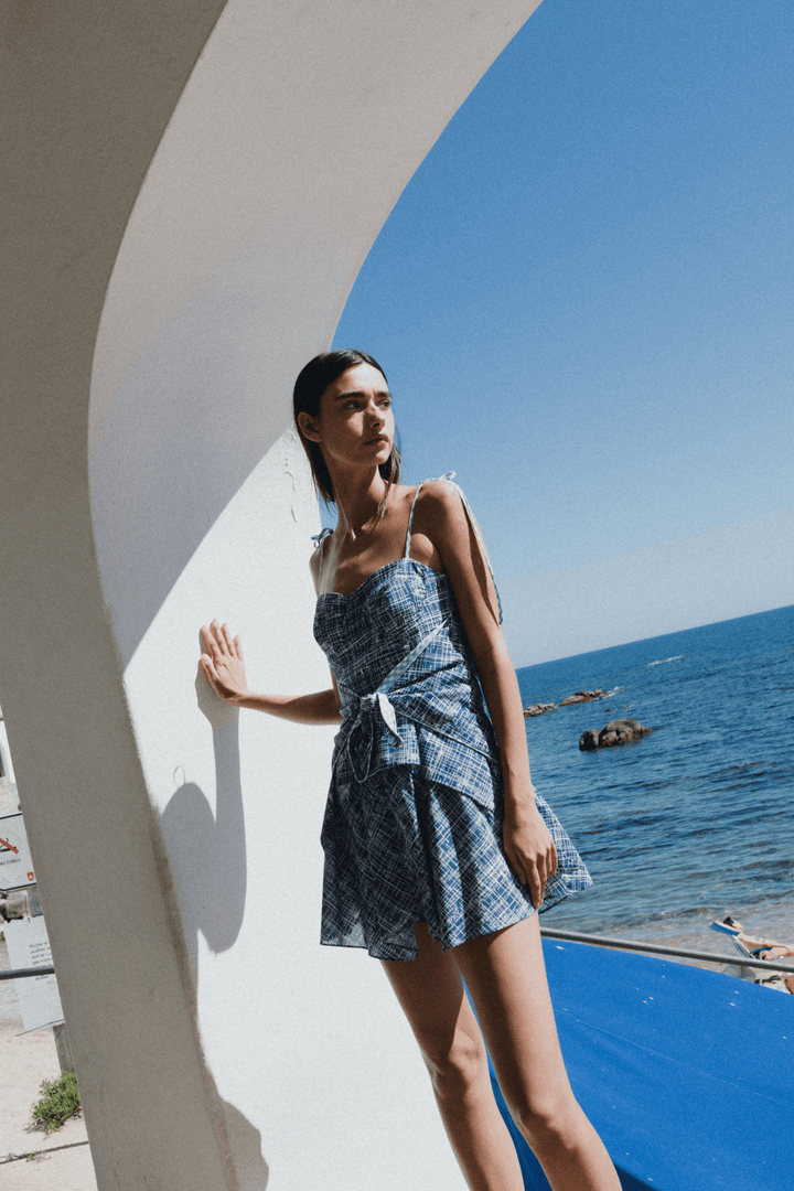 COAST - FRONT-TIE ASYMMETRIC SHORT DRESS - CROSSED LINES NAVY