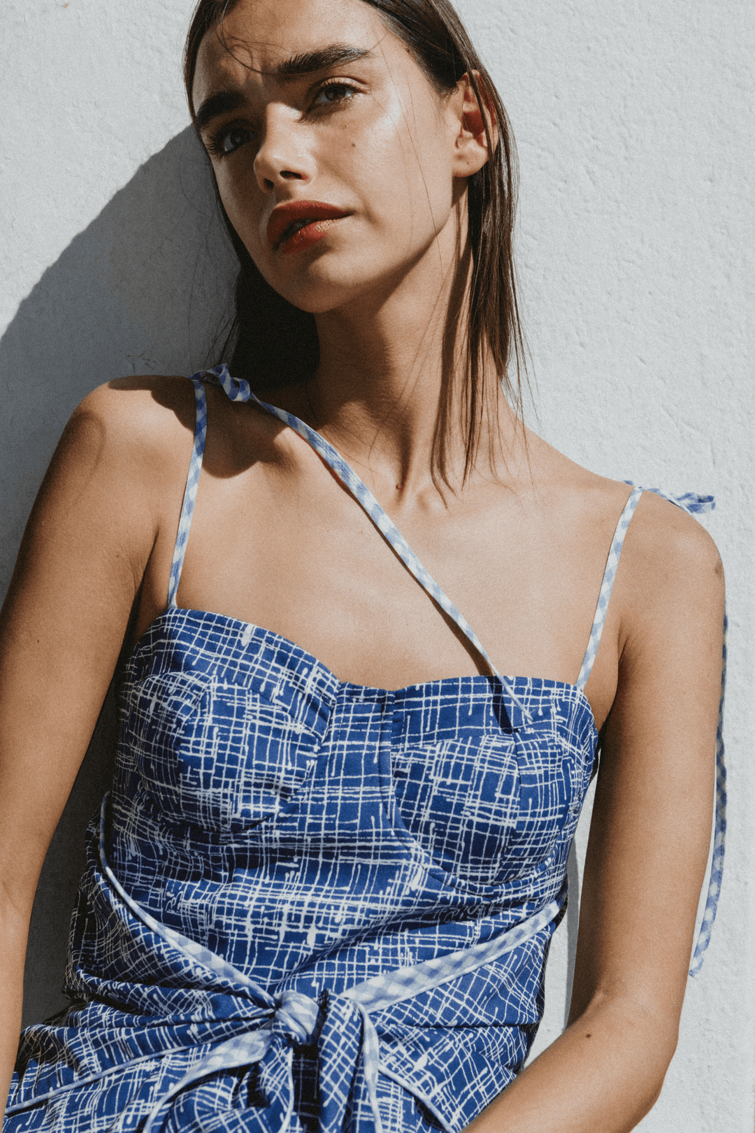 COAST - FRONT-TIE ASYMMETRIC SHORT DRESS - CROSSED LINES NAVY