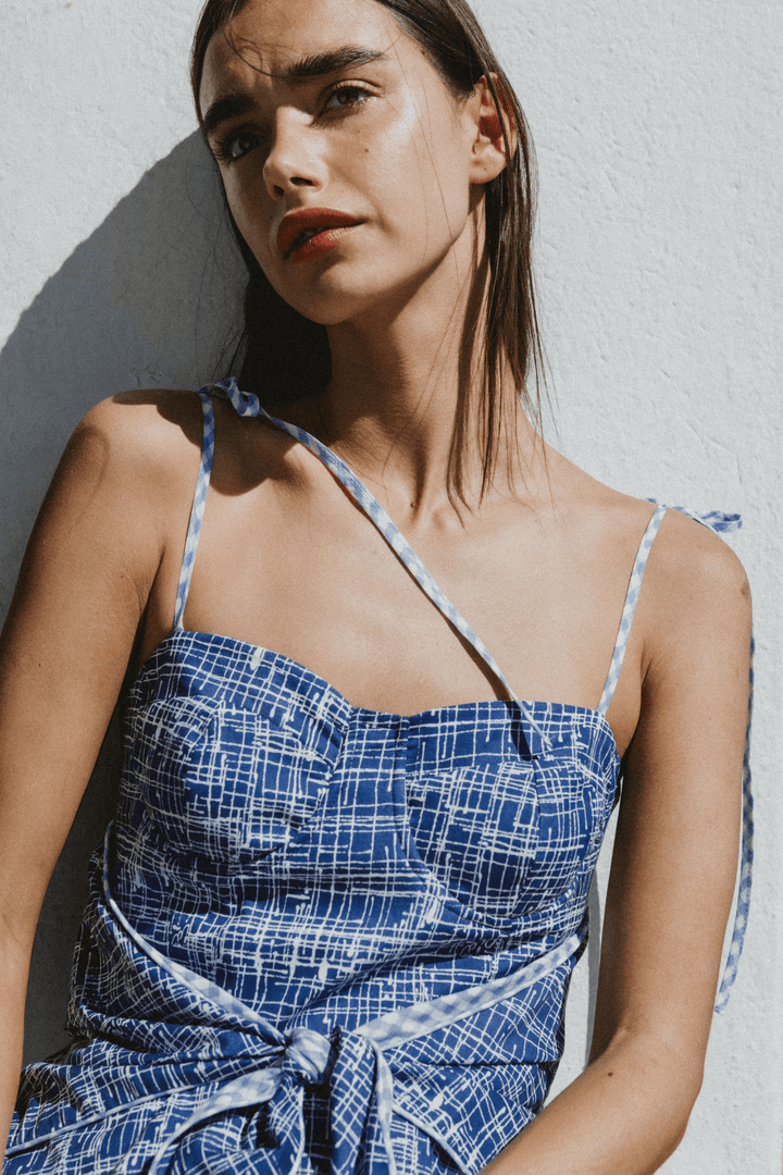 COAST - FRONT-TIE ASYMMETRIC SHORT DRESS - CROSSED LINES NAVY