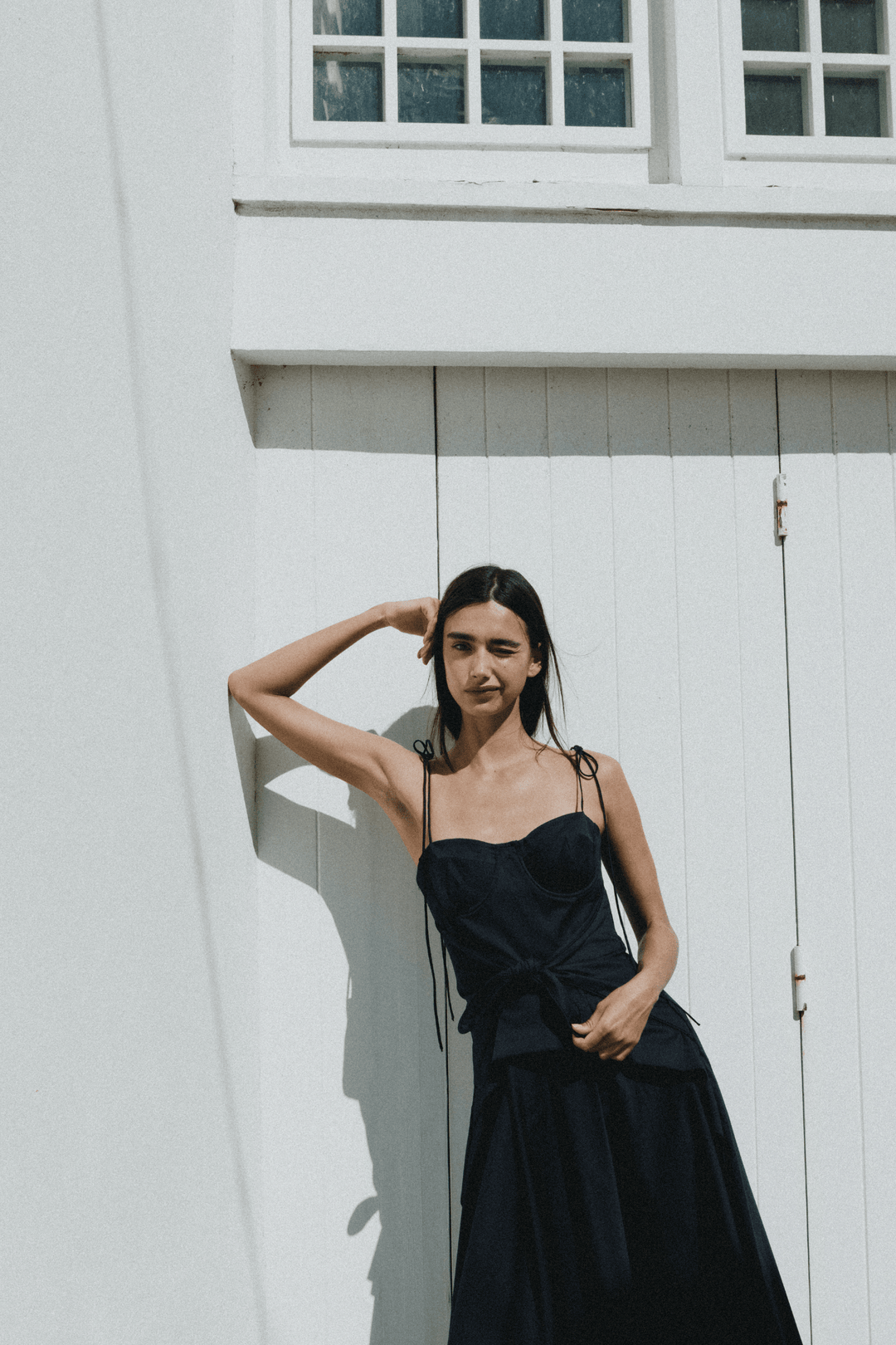 LEYA - ASYMMETRIC CUT FRONT TIED LONG DRESS - NAVY