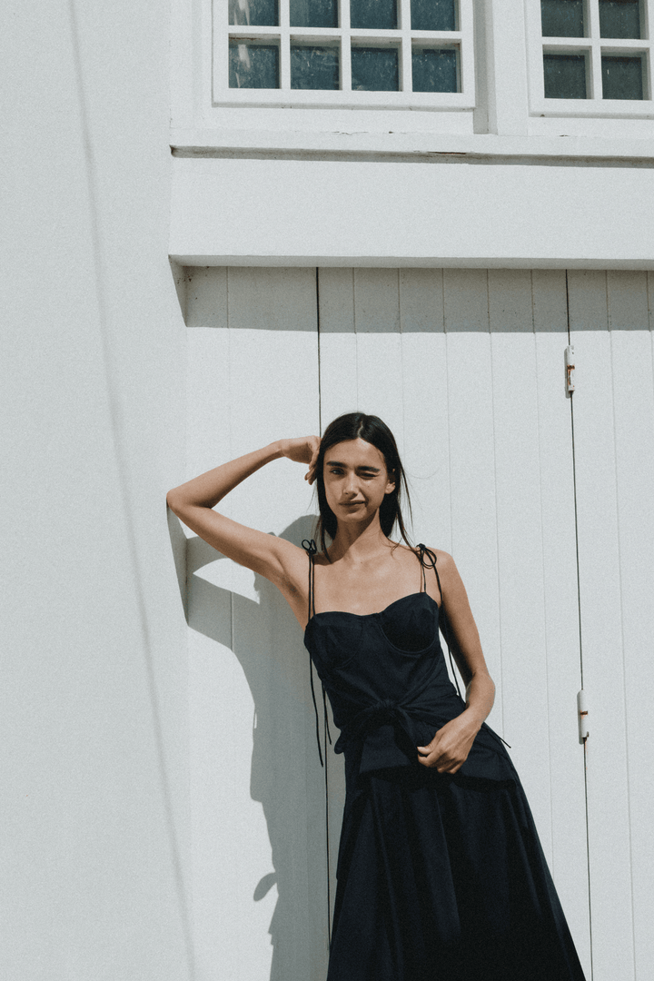 LEYA - ASYMMETRIC CUT FRONT TIED LONG DRESS - NAVY