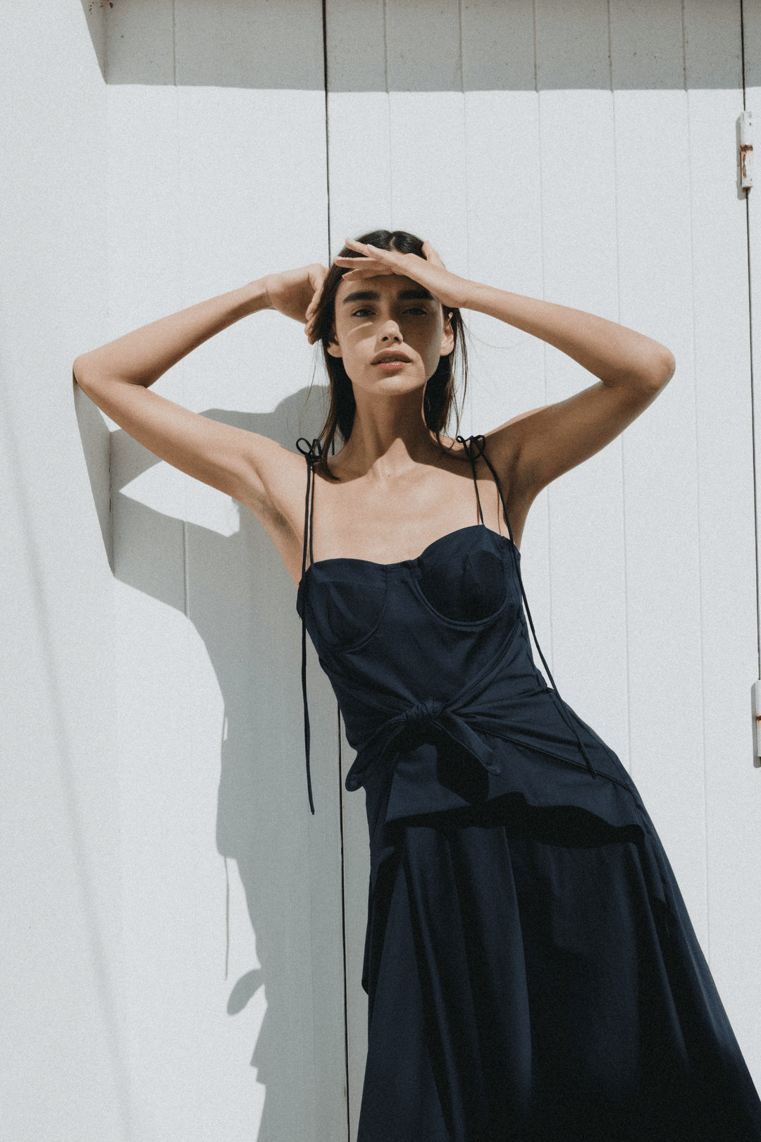 LEYA - ASYMMETRIC CUT FRONT TIED LONG DRESS - NAVY