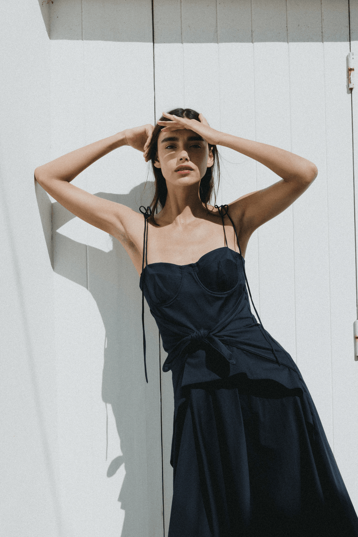 LEYA - ASYMMETRIC CUT FRONT TIED LONG DRESS - NAVY
