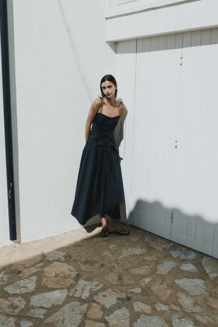 LEYA - ASYMMETRIC CUT FRONT TIED LONG DRESS - NAVY