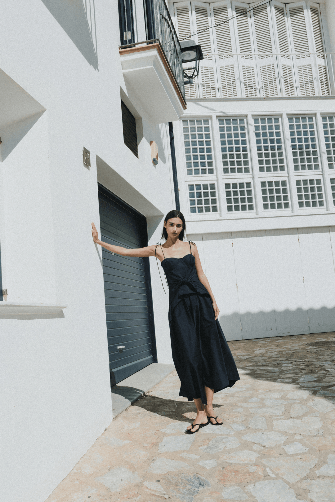 LEYA - ASYMMETRIC CUT FRONT TIED LONG DRESS - NAVY