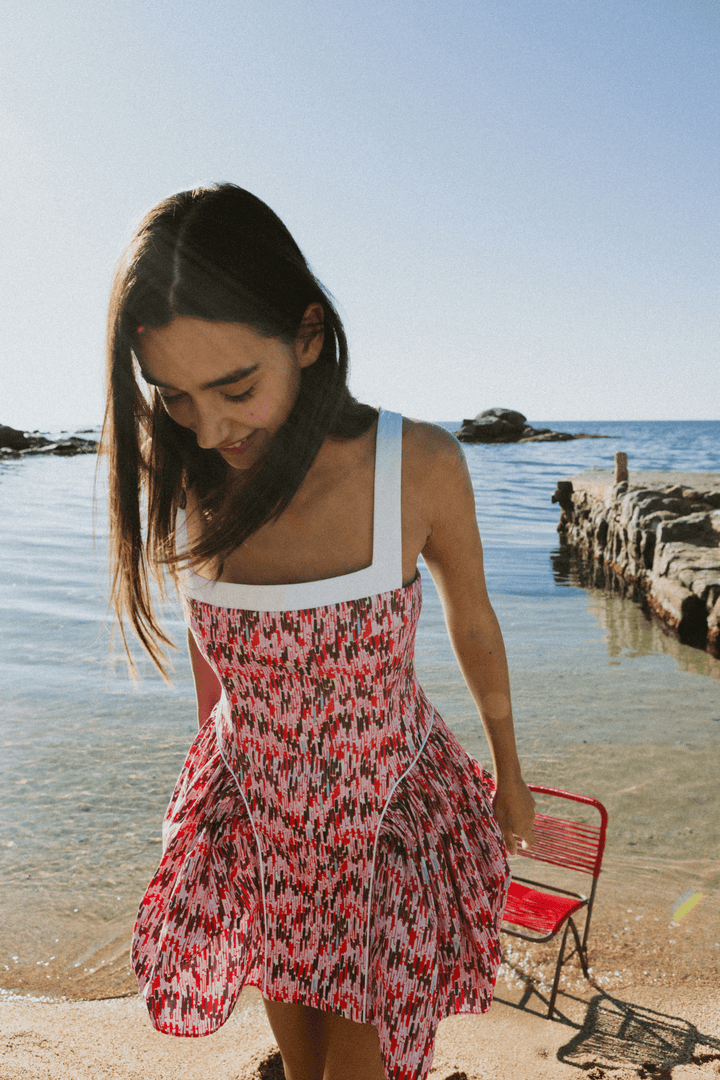 LINA - PRINTED MINI DRESS - VERTICAL GEOMETRIC RED PINK
