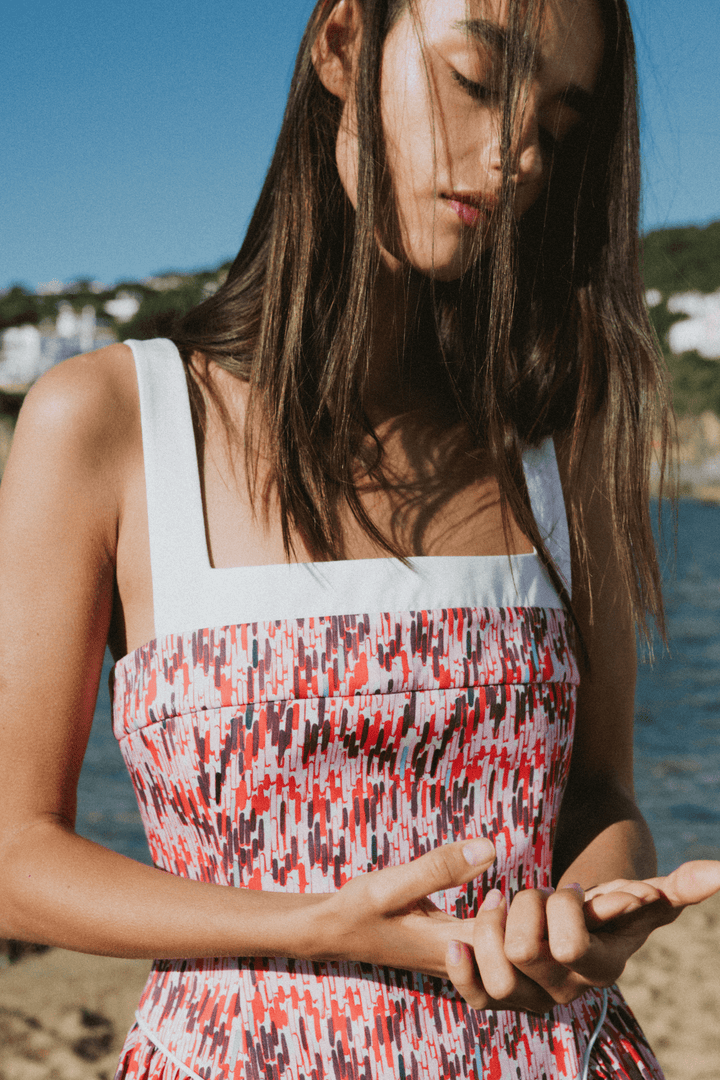 LINA - PRINTED MINI DRESS - VERTICAL GEOMETRIC RED PINK