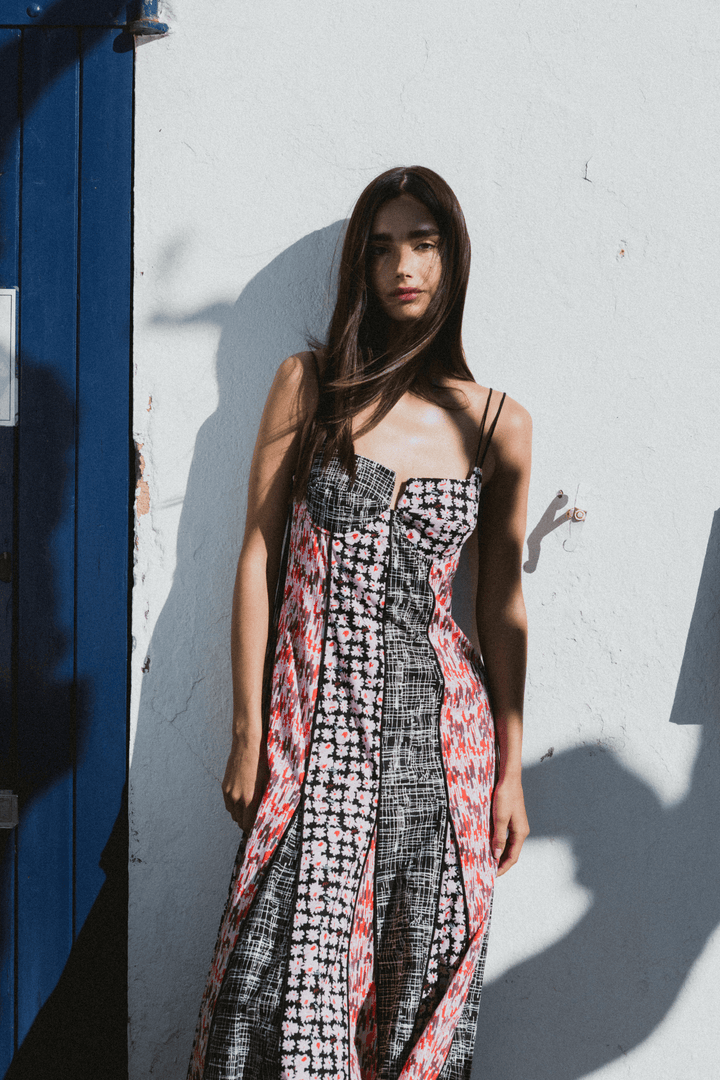 AUDREY - STRAP DETAIL A-LINE PATCH DRESS - MIX PATTERN