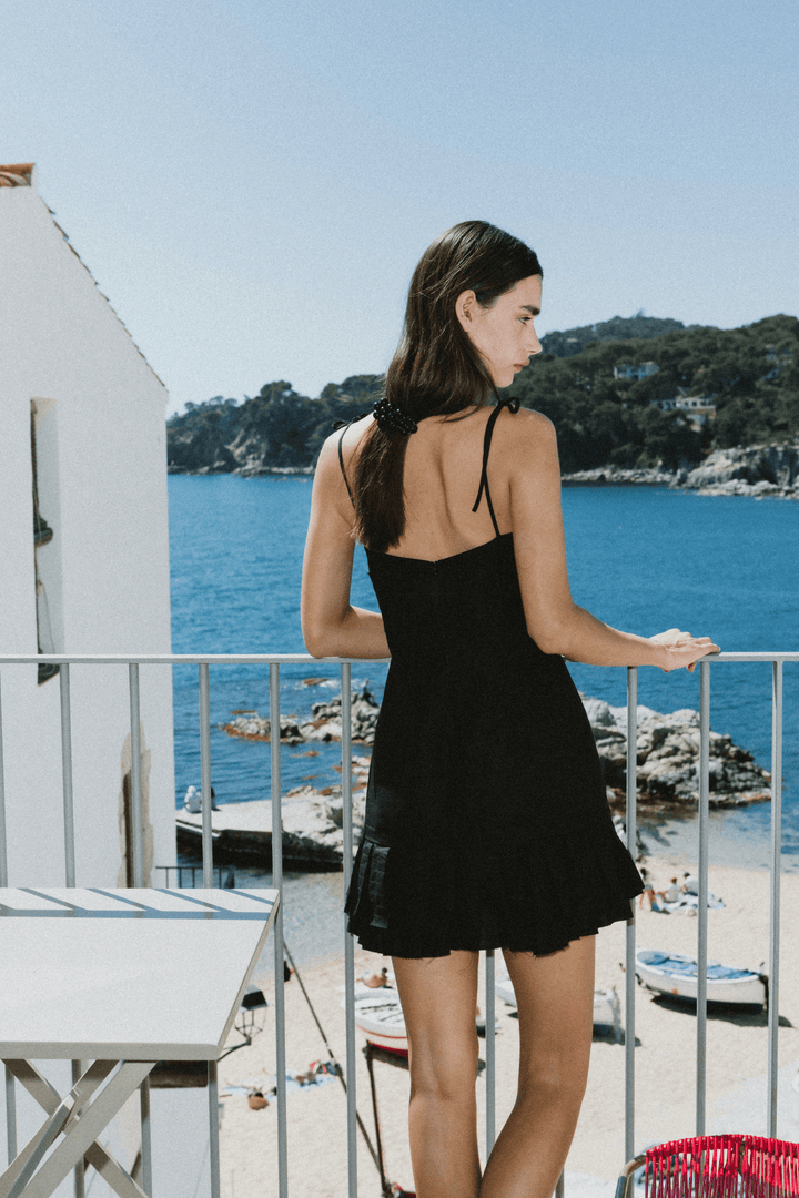 DEMI - SELF-TIE MINI DRESS WITH DRAPED WAIST & RUFFLED HEM - BLACK