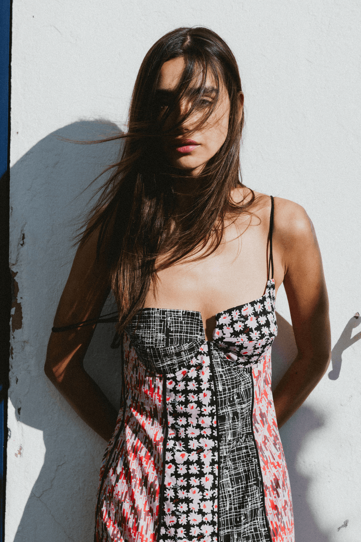 AUDREY - STRAP DETAIL A-LINE PATCH DRESS - MIX PATTERN