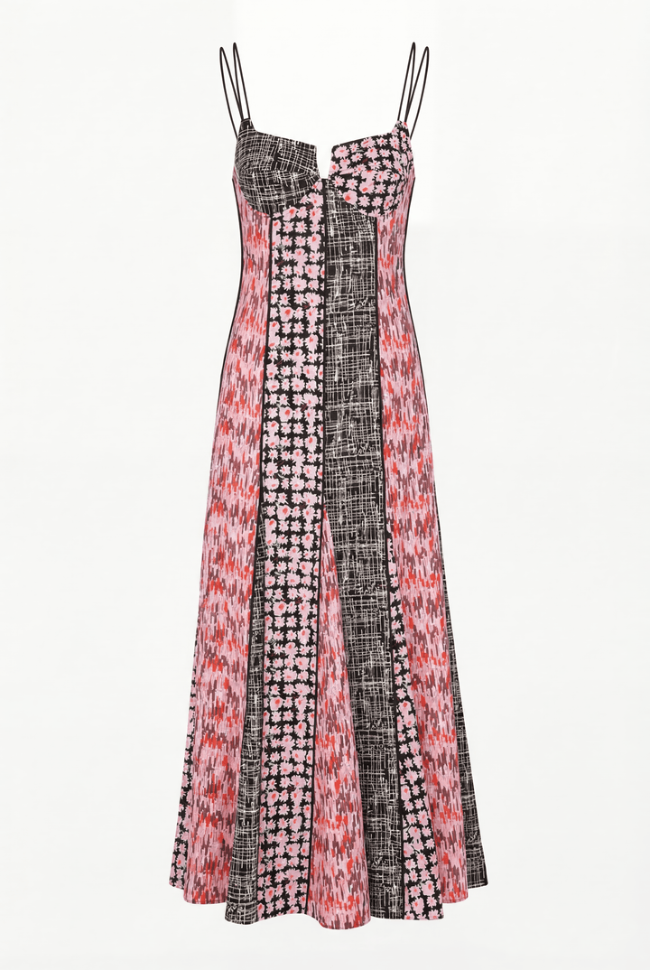 AUDREY - STRAP DETAIL A-LINE PATCH DRESS - MIX PATTERN