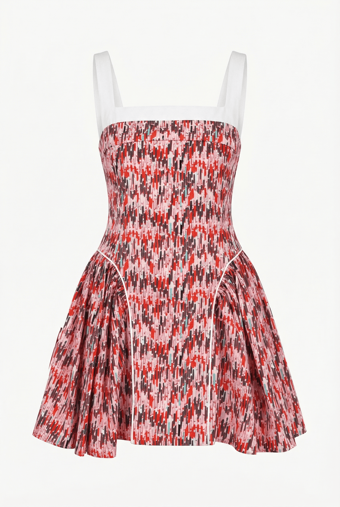 LINA - PRINTED MINI DRESS - VERTICAL GEOMETRIC RED PINK