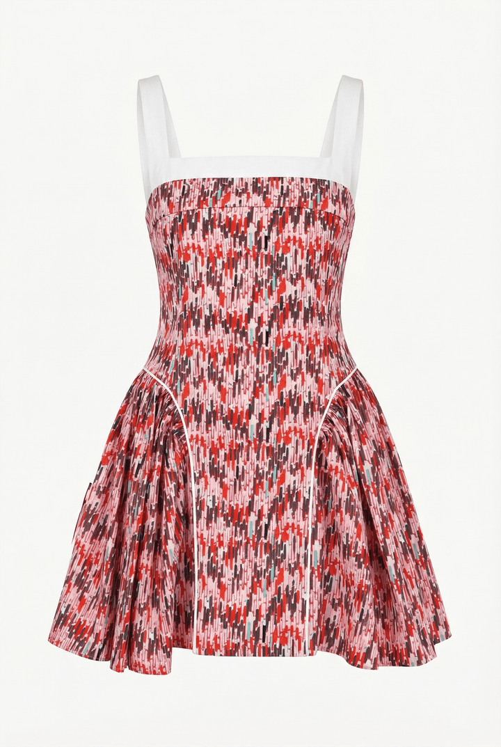 LINA - PRINTED MINI DRESS - VERTICAL GEOMETRIC RED PINK