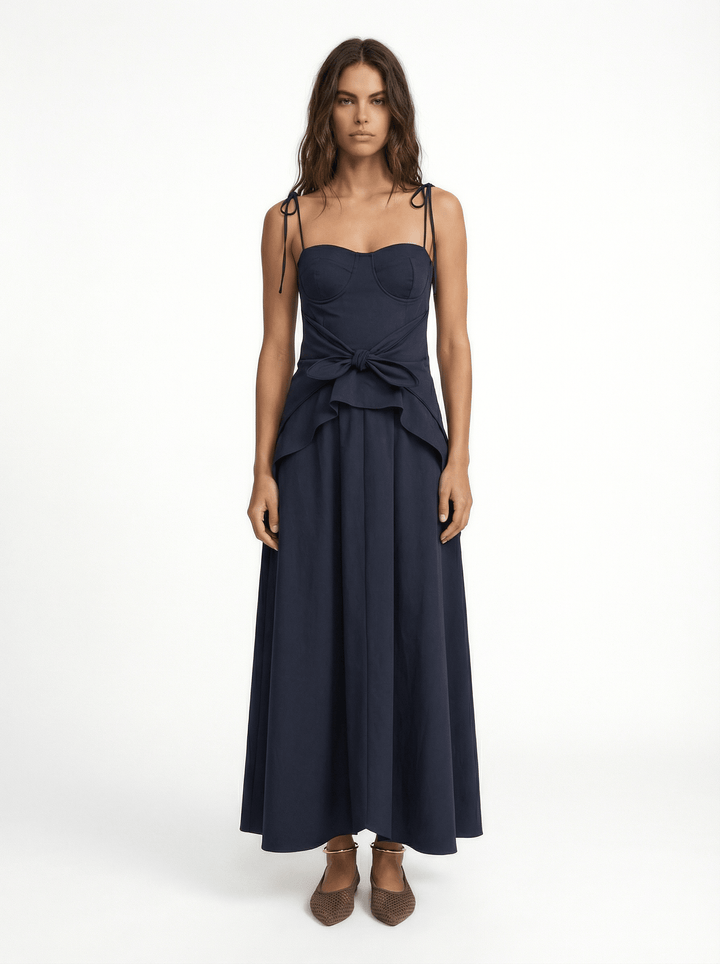 LEYA - ASYMMETRIC CUT FRONT TIED LONG DRESS - NAVY