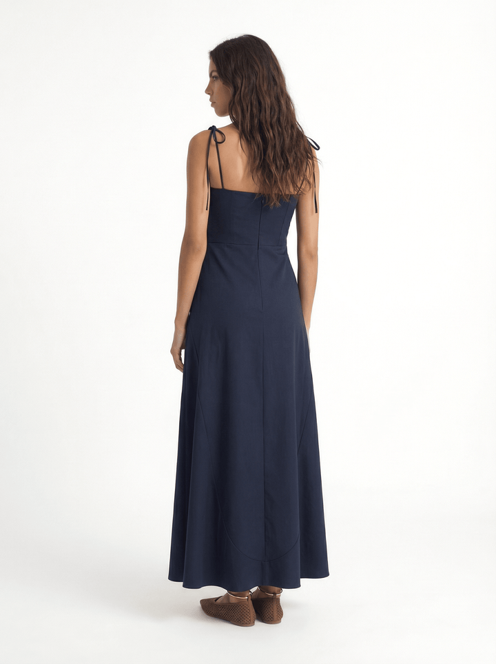 LEYA - ASYMMETRIC CUT FRONT TIED LONG DRESS - NAVY