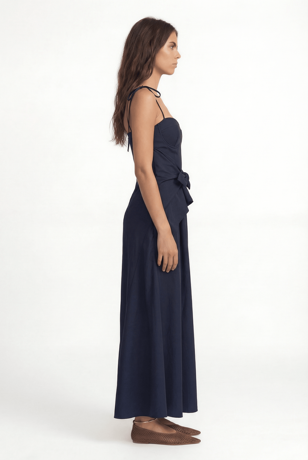 LEYA - ASYMMETRIC CUT FRONT TIED LONG DRESS - NAVY