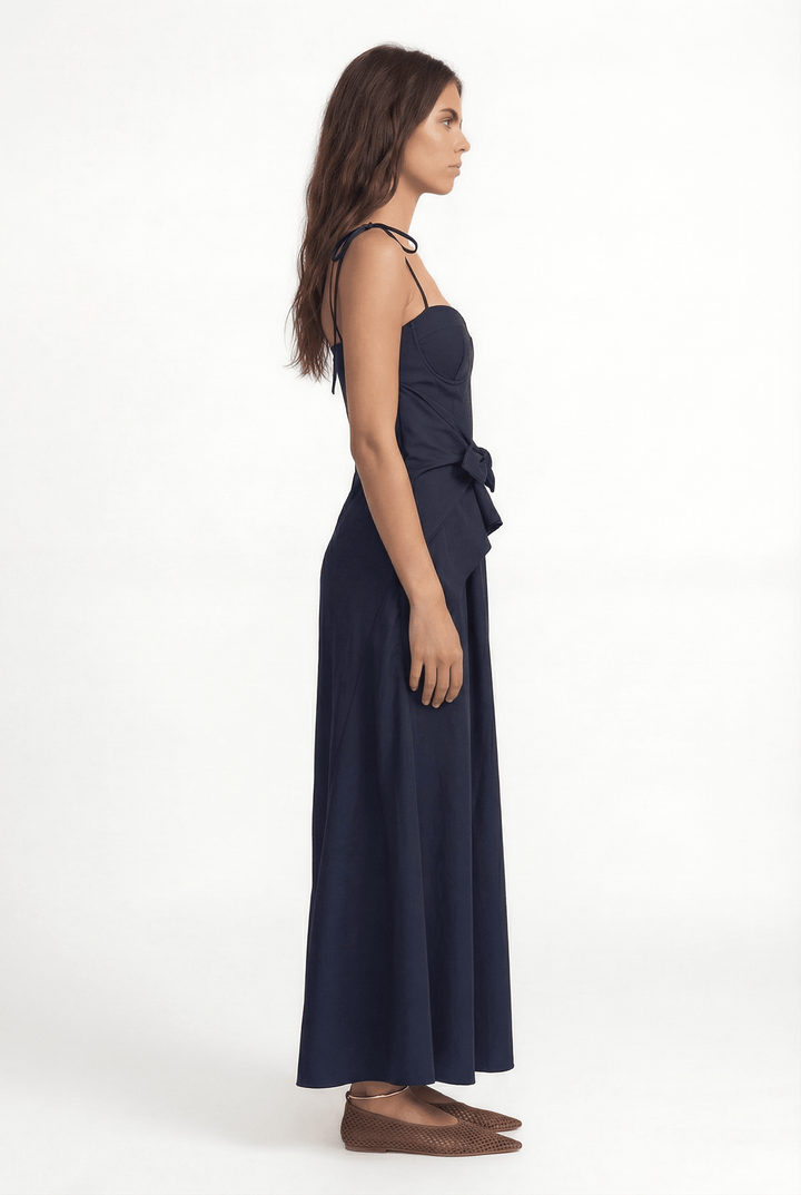 LEYA - ASYMMETRIC CUT FRONT TIED LONG DRESS - NAVY