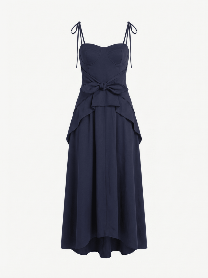 LEYA - ASYMMETRIC CUT FRONT TIED LONG DRESS - NAVY