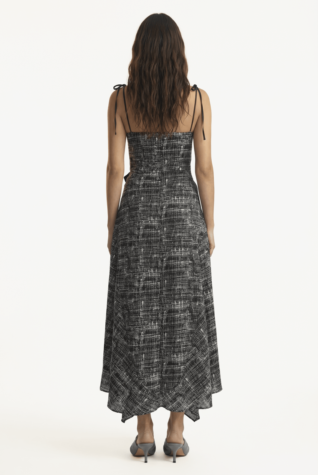 LEYA - ASYMMETRIC CUT FRONT TIED LONG DRESS - CROSSED LINES BLACK