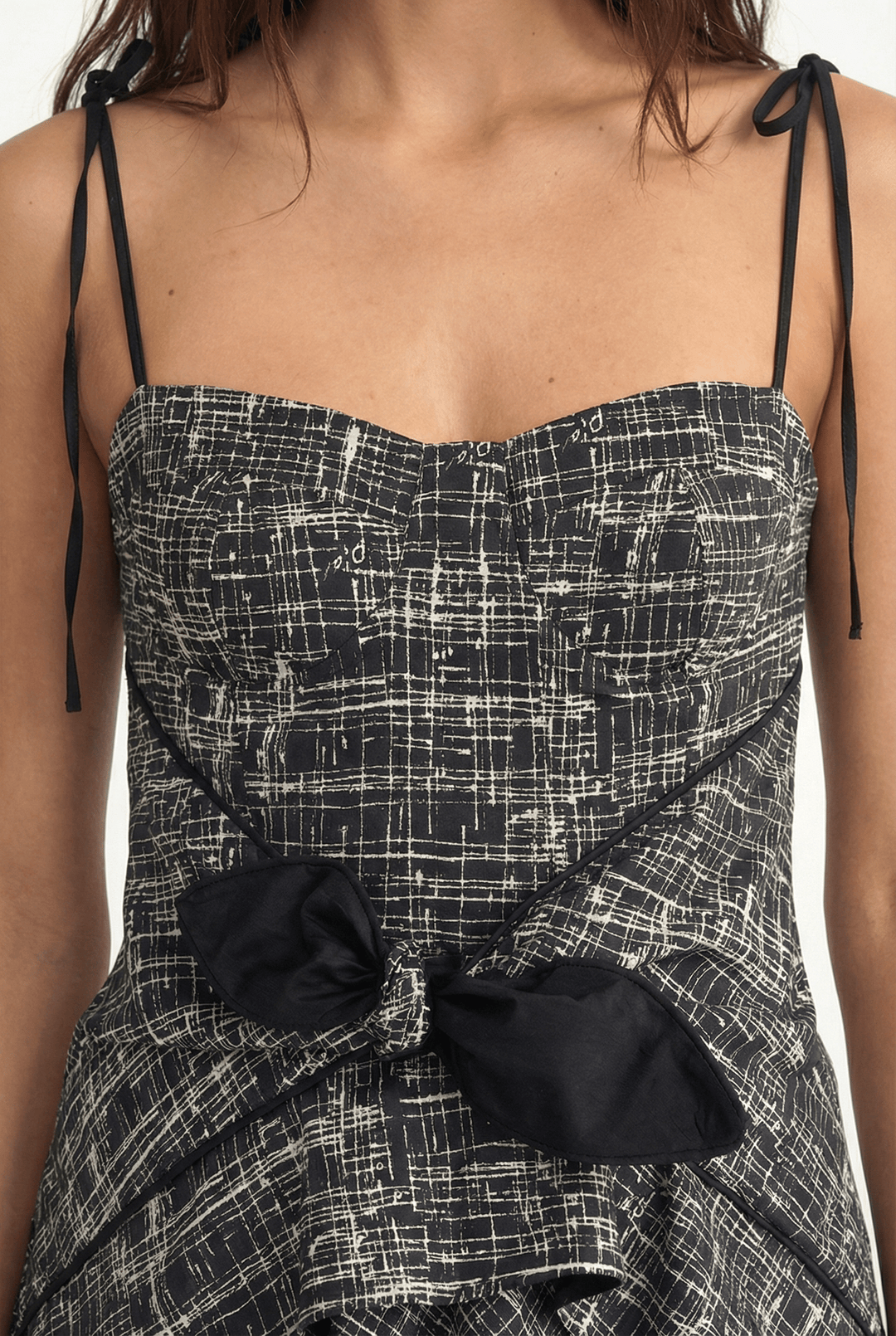 LEYA - ASYMMETRIC CUT FRONT TIED LONG DRESS - CROSSED LINES BLACK